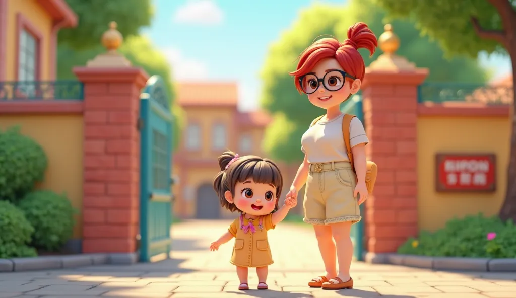 behind a mother in a short-haired red dress wearing glasses is walking her  girl by the hand to the gate of the preschool,  style cartoon chibi 3d