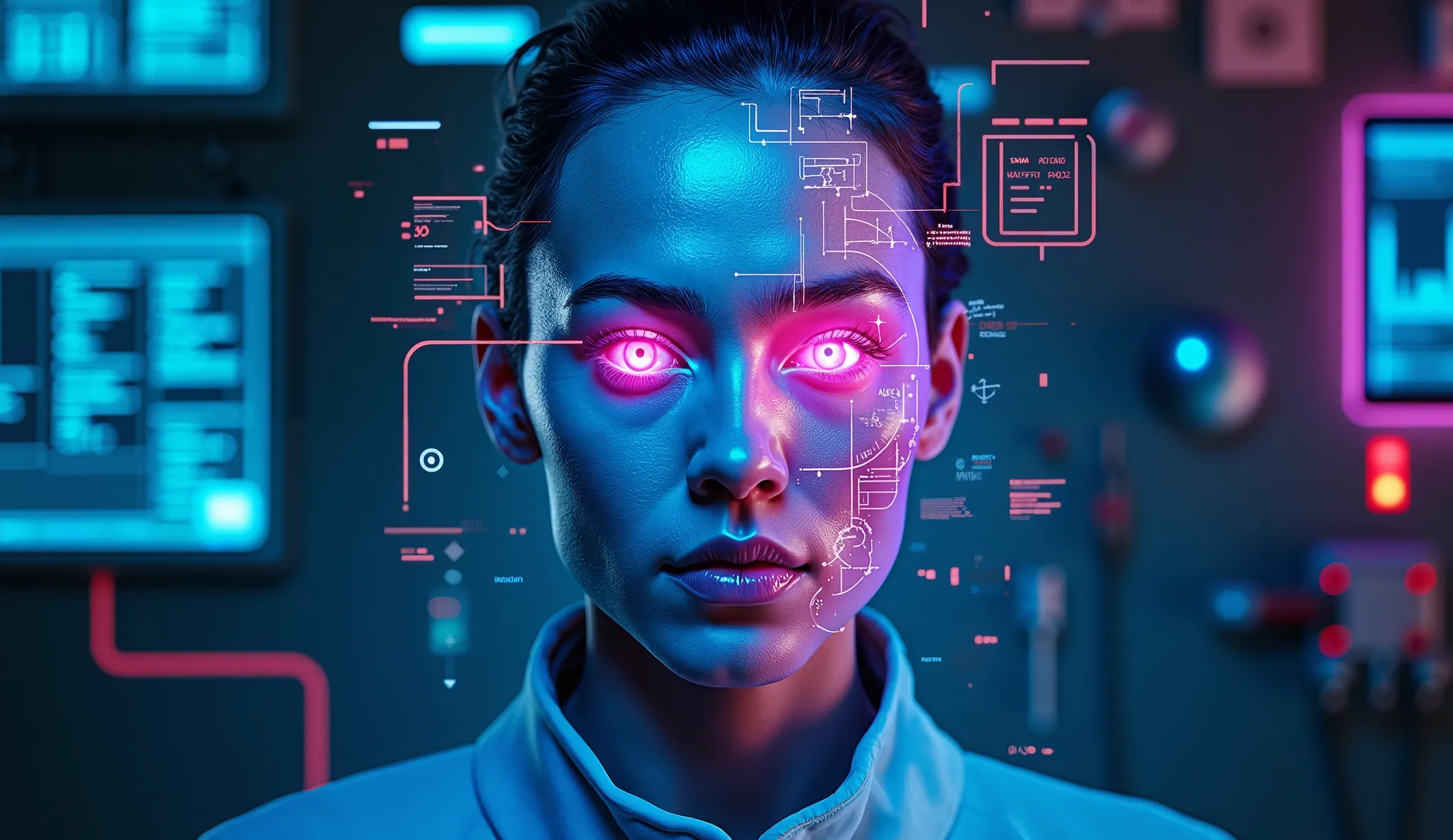 A futuristic, high-tech cyberpunk-style digital face swap transformation. A human face is split in half, with one side revealing a robotic, AI-enhanced digital mask while the other side morphs into another person’s face. Neon blue and purple lighting, glit...