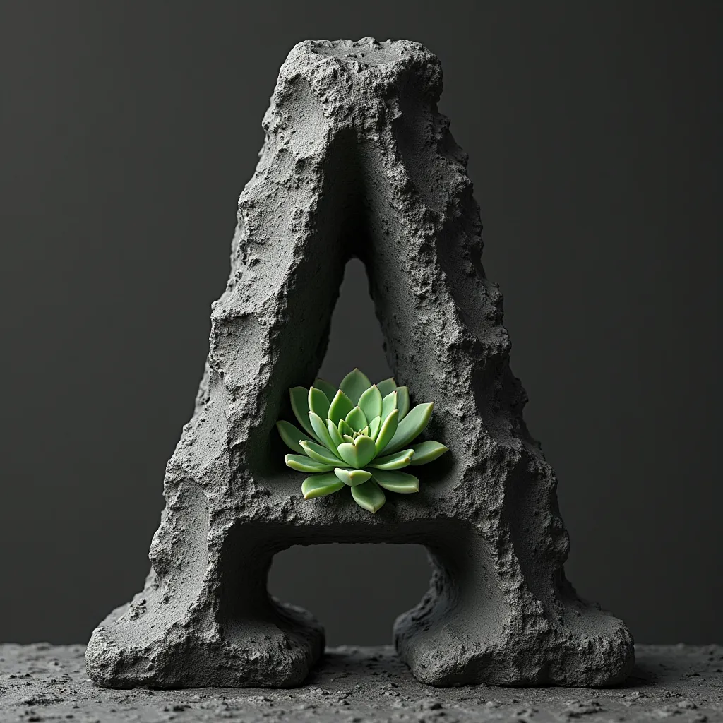 A succulent plant growing on a rough stone Garamond serif letter A. Black neutral background 