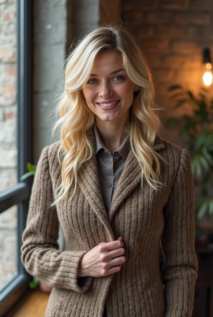 une secrétaire blonde portant juste un pull à fermeture, belle poitrine généreuse, bureau