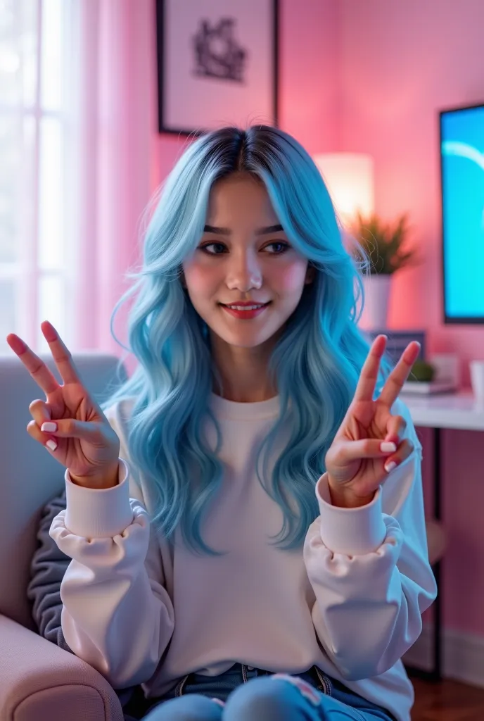 eurasian Girl, light blue haired sitting in her gaming room, which has some white and pink elements, smiling and showing a peace handsign into a DSLR Camera, 