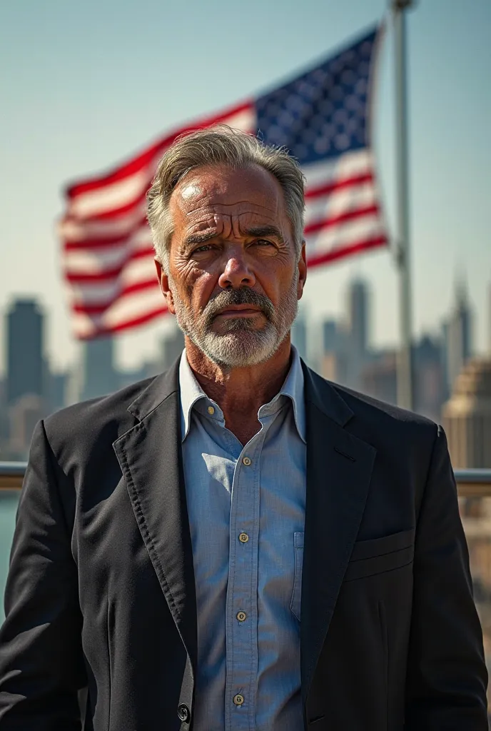 Generate a tired usa man LATE  running for OFFICE with buildings behind him and US flag 