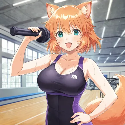 1girl, fluffy female, One, fluffy, Breasts, muzzle,  tail, animal ears, zoe_browniead, at the gym, Sweaty, gym background, de tailed background