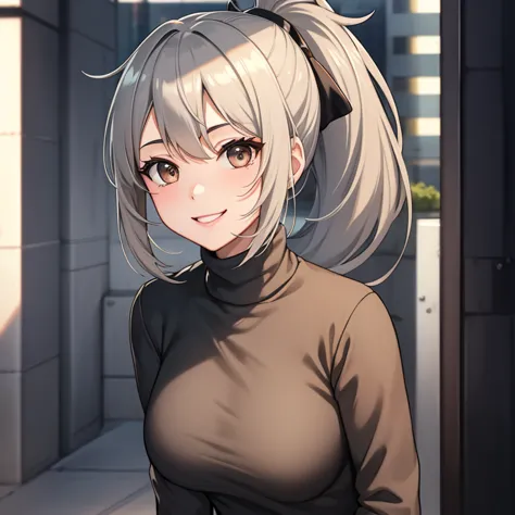 4K,source_anime, score_9, score_8_up, score_7_up, 1girl,Women 20s,Gray Hair Color,ponytail,Gray turtleneck sweater,light brown eyes,smile,stooping forward,system that looks into,