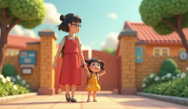 behind a mother in a red dress with short black hair wearing glasses is walking her  girl into the gate of the preschool,  style cartoon chibi 3d