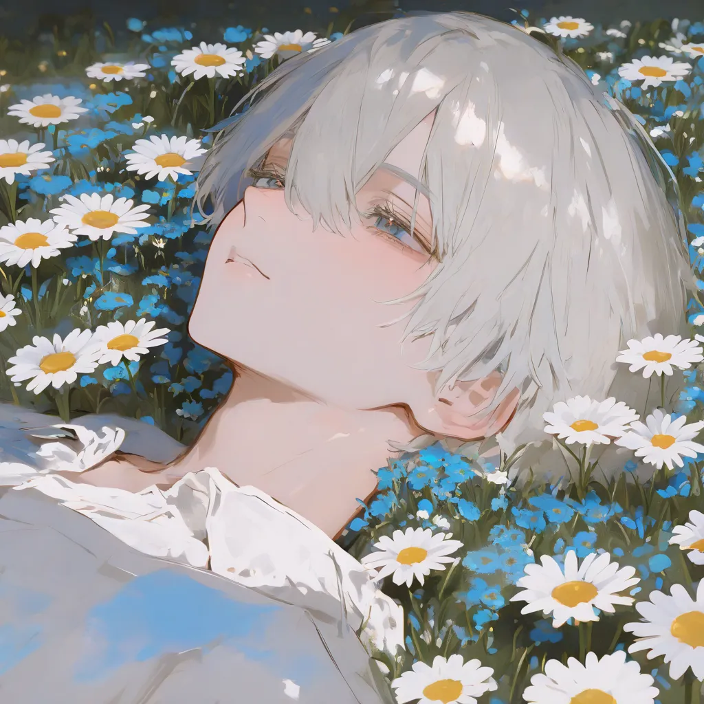 (masterpiece), (Best Quality), ( Super Fine Illustration ), (beautiful detailed eyes), {extremely fine light}, {The character in the painting }, {{very fine 8K CG wallpaper}}, Upper body, , (1Man:1.1), Lying in a flower field, daisy, Exquisite Eyes ， male，...