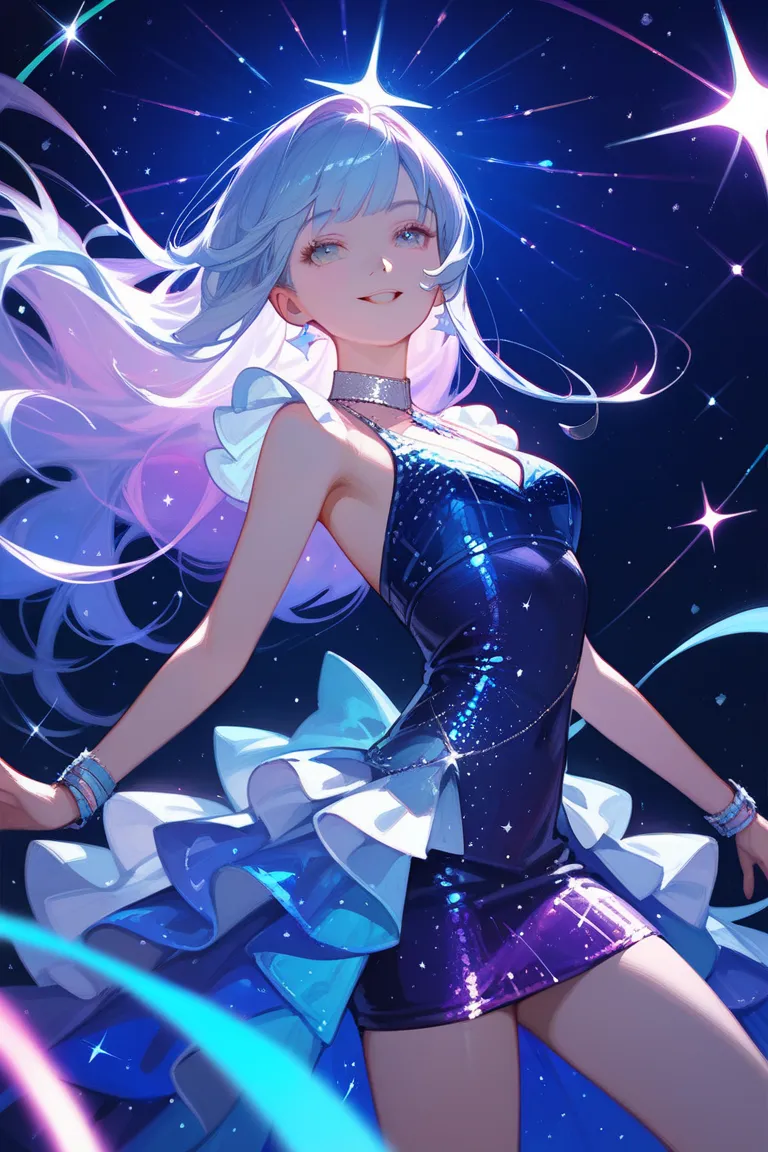 Score_9,Score_8_up,Score_7_up,highest quality,detailed,(1 beautiful girl,slim,long hair,straight bangs,disco dress),fun,(best quality,masterpiece),disco,(stars,Cosmic)