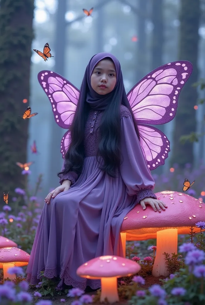 "A photorealistic, surreal, and award-winning portrait of a young, beautiful girl with long, flowing dark hair, wearing a flowing purple hijab and a matching purple dress with intricate lace details, adorned with translucent purple butterfly wings, sitting...