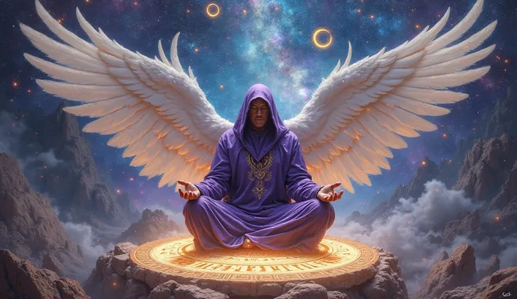 (surreal) (oil painting) (dreamlike)(ethereal) (High resolution) (8K) (surreal) "A celestial cosmic entity, a spiritual mentor, FLOATING IN A MEDITATIVE POSE above an ancient, glowing rune circle suspended in the void of space. His flowing purple robe, ado...