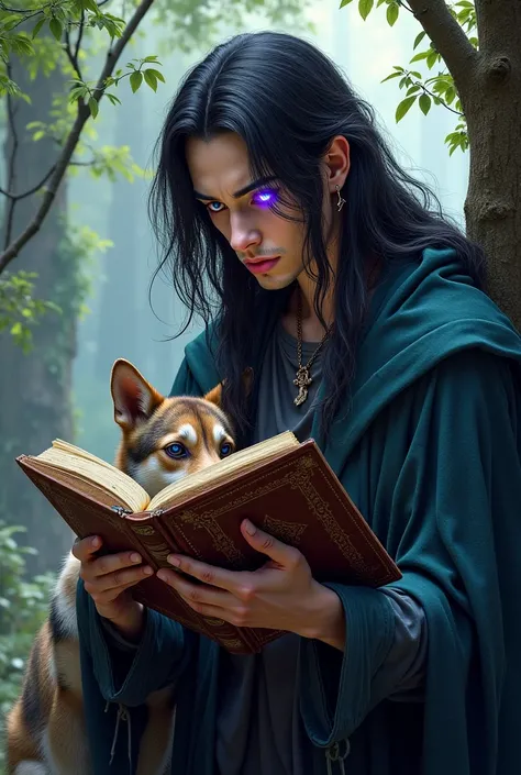 Male,Human,mage,black Long hair,one Blue eyes and one purple eye,comum ordinary clothes,a dog in The side of The caracter,make him Reading a book.