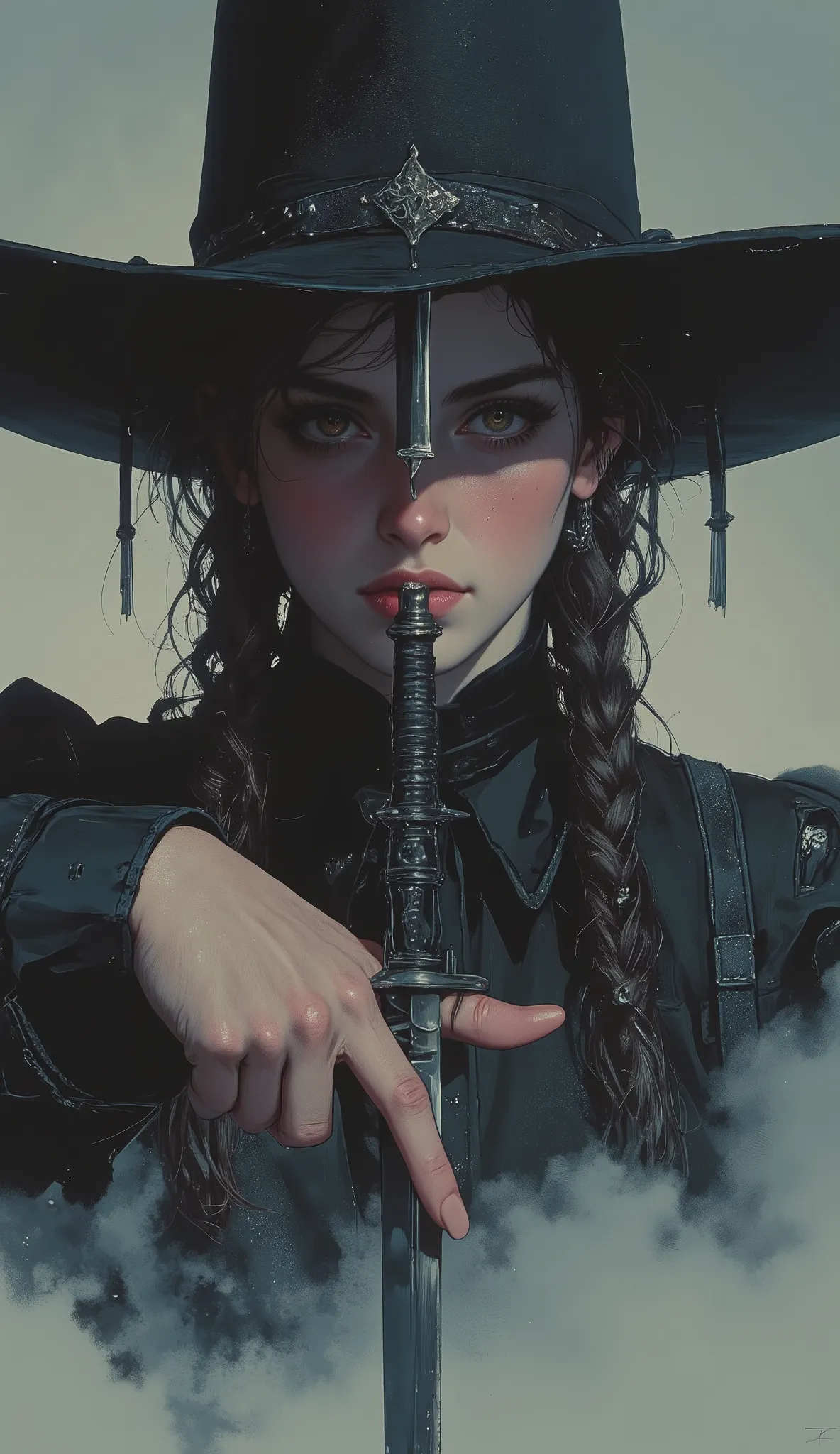  taken from below、high school girl, intense expression that radiates deep wisdom and mystery, Misty,  dreamy background 、 cowboy style、Wear a deep cowboy bat、 Gold、braids、Kiss the combat knife、