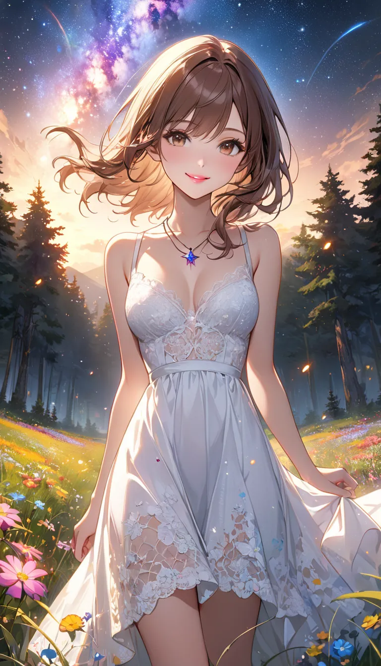 (masterpiece, Best Quality, 8k, Hi-Res), 1 young woman, beautiful face, Thin, slender, long, beautiful brown eyes, pink lips, Beautiful Nose, Long brown hair, Perfect face , perfect style, smile,  best anime girl , Grassland with forest view, walk, Colorfu...