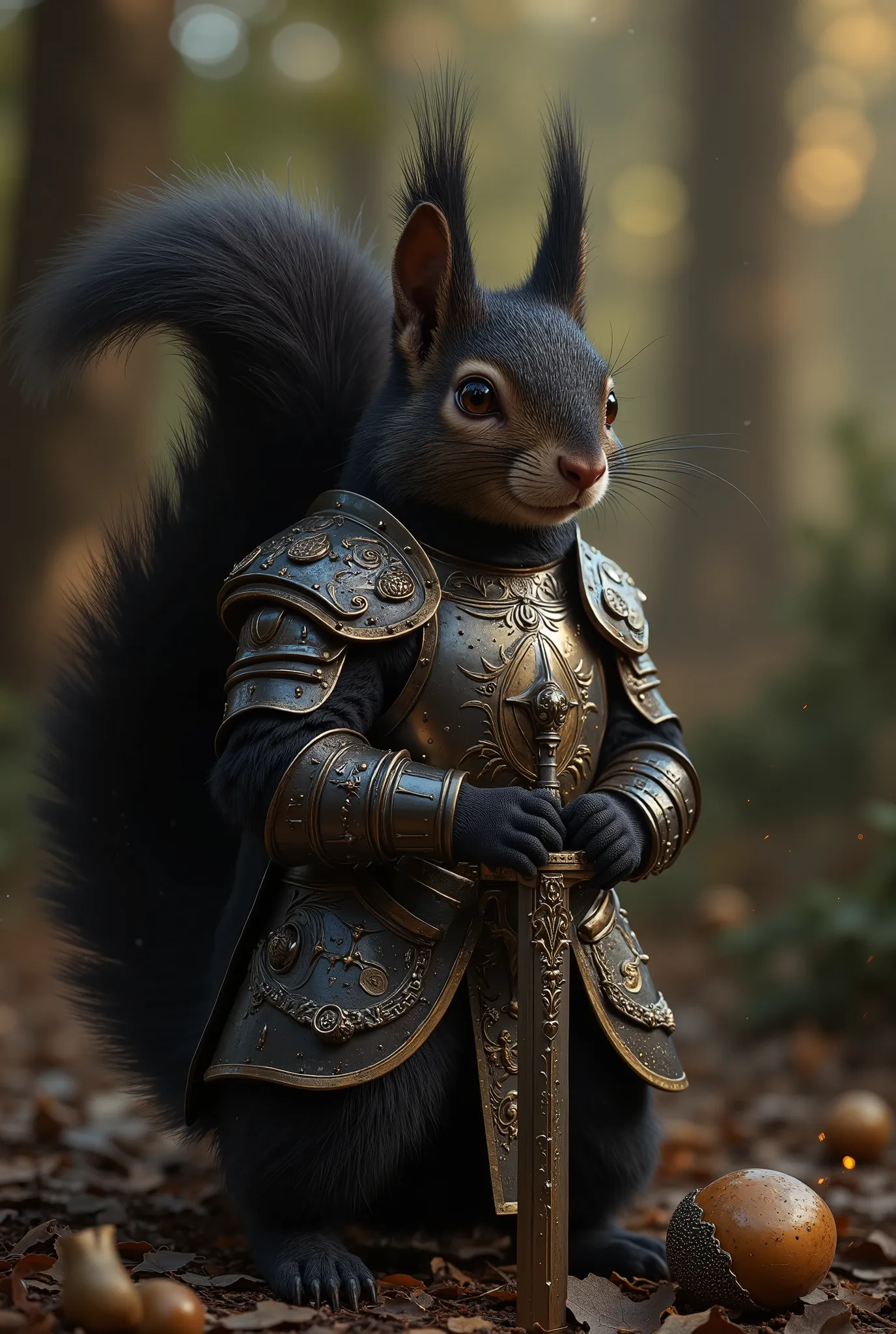 A highly detailed and realistic digital painting of an anthropomorphic  black squirrel dressed as a medieval knight. The squirrel wears a full set of polished, dark metal armor, including a chest plate with an engraved crest, shoulder pauldrons, gauntlets,...