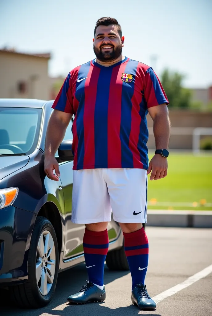 Realistic image of a 45-year-old Moroccan male, massive chubby bodybuilder, muscle bulky Man,tall size , brown hair with a comb over cut, 3 day beard,He is wearing a football shirt from Club F.c barcelona, Nike soccer shorts color white, blue soccer socks,...