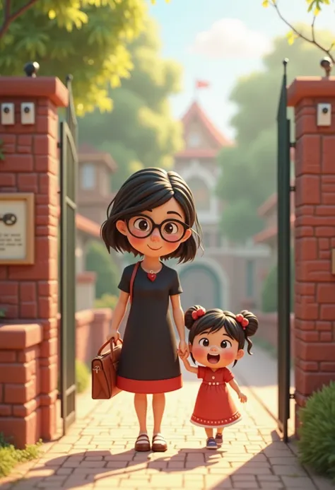 a mother in a black short-haired red dress wearing glasses is walking her  girl by the hand to the gate of the preschool,  style cartoon chibi 3d