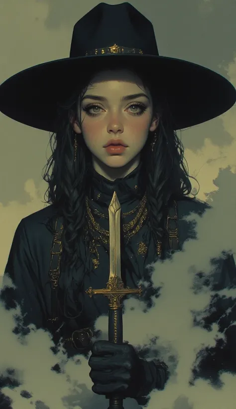 high school girl, intense expression that radiates deep wisdom and mystery, Misty,  dreamy background 、 cowboy style、Wear a deep cowboy bat、 Gold、braids、Kiss the combat knife、