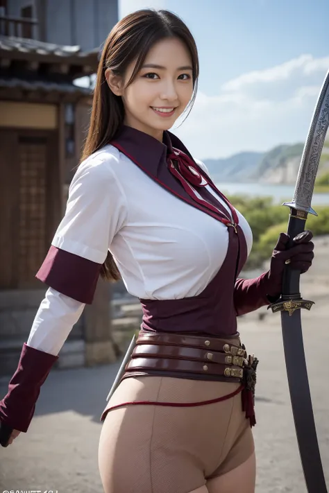 ((highest quality)), (be familiar with), perfect face, Japanese,35yo, smile, Full body Esbian:1.5, big breasts:1.5, Woman warrior:1.5, stewardess uniform armor:1.5, adventurer, huge sword, huge sword, huge sword, huge gun, Sony FE GM