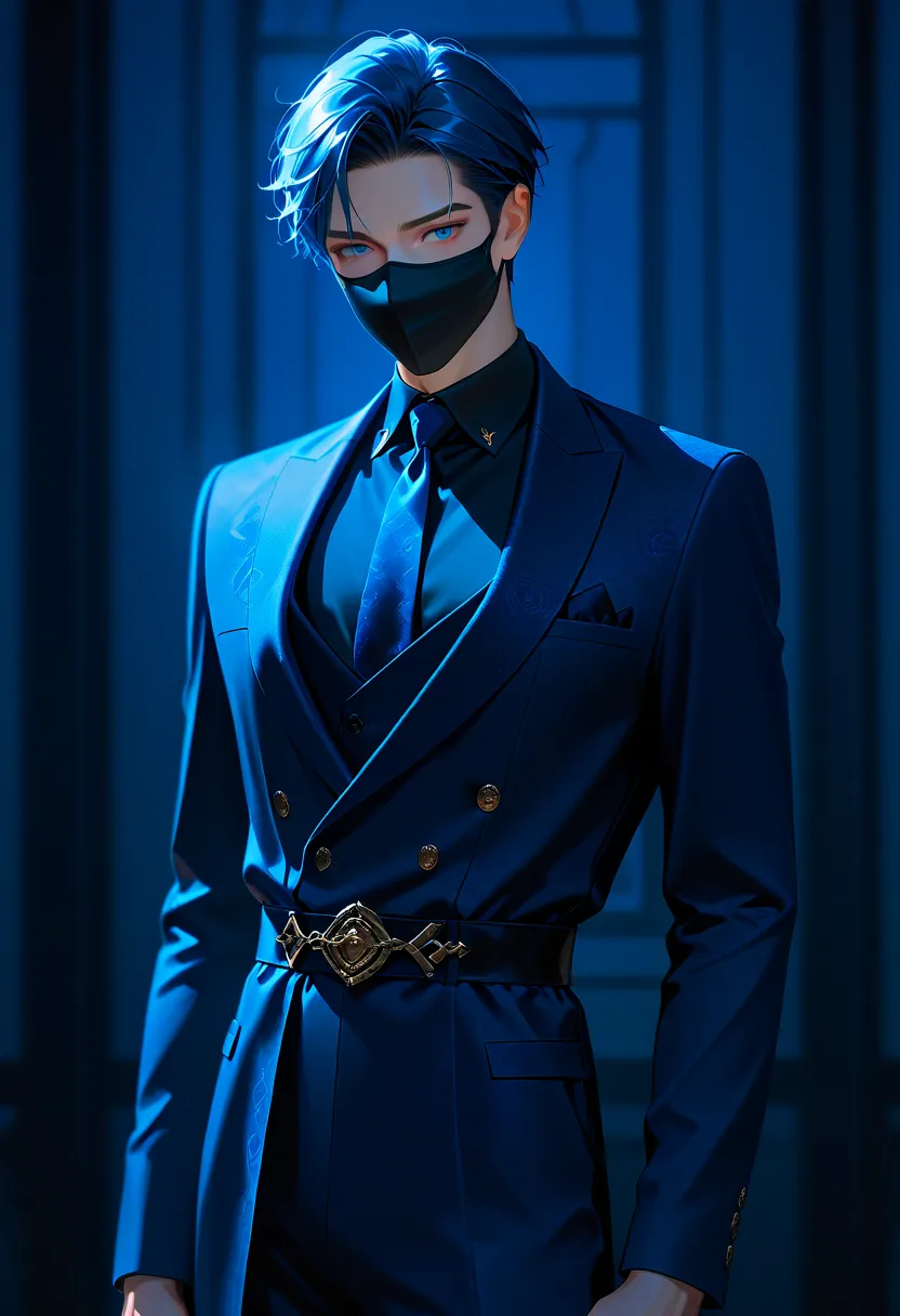 1 man, blue hair, blue eyes Wear a completely black mask with a blue pattern. Wear a black formal dress and look good.