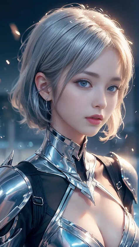 (((masuterpiece))), (((Best Quality))), ((Ultra-detailed)), (extremely detailed photo), ((extremely delicate and beautiful)),(Cute delicate face),an amazing fantasy picture of a female in silver and blue cyber armor head turn, face detail, 1girl, solo,look...