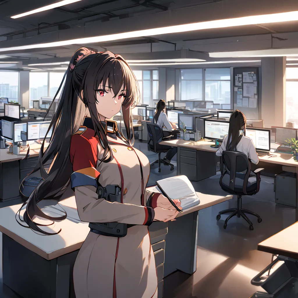 one girl,   black hair, shortcuts, red eyes, military uniform, Yamato (office)