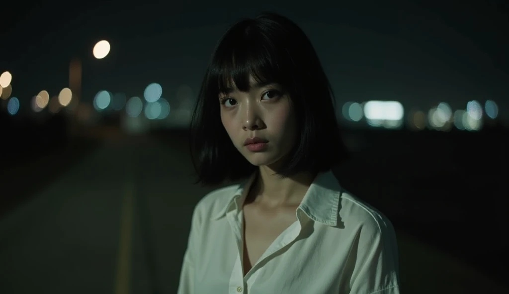 "A cinematic portrait of a young woman with shoulder-length black hair, wearing a loose white shirt, standing alone at night. Her expression is melancholic and introspective. The background is dark with soft, blurry city lights in the distance. The image h...