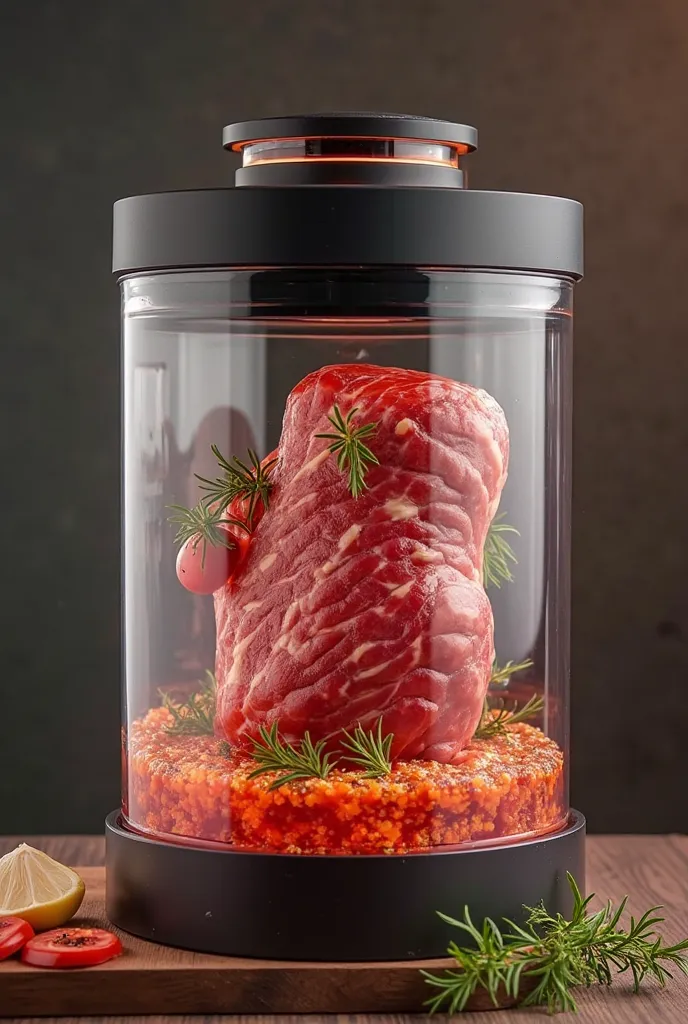 Design a meat marinating machine, have a vacuum place in it, and a strong design with sharp lines, have a strong design with sharp lines, so that the marinade place will be rotationally shaped, so that the inside is round