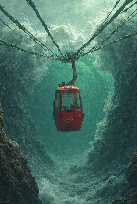 A  red cable car hanging on mega waves, a green dark see, with endless rope