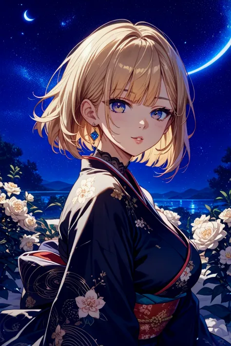 masterpiece, best quality, Ultra High Definition. 1 girl,  bob cut with skindent,   black hair,  brant bang, blunt ends,  black kimono, Amaryllis Print, night sky