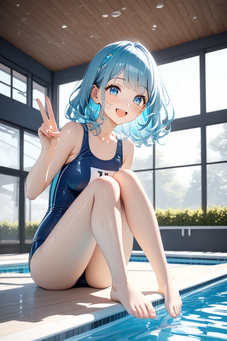   3d rendering , masterpiece,  Top Quality,  score_9up , Hi-Res, high definition model,  high detail, 1girls,  A cheerful high school girls in a navy-blue school swimsuit sits at the edge of a sunlit pool,  Tilt her head、playfully kick water with her feet ...