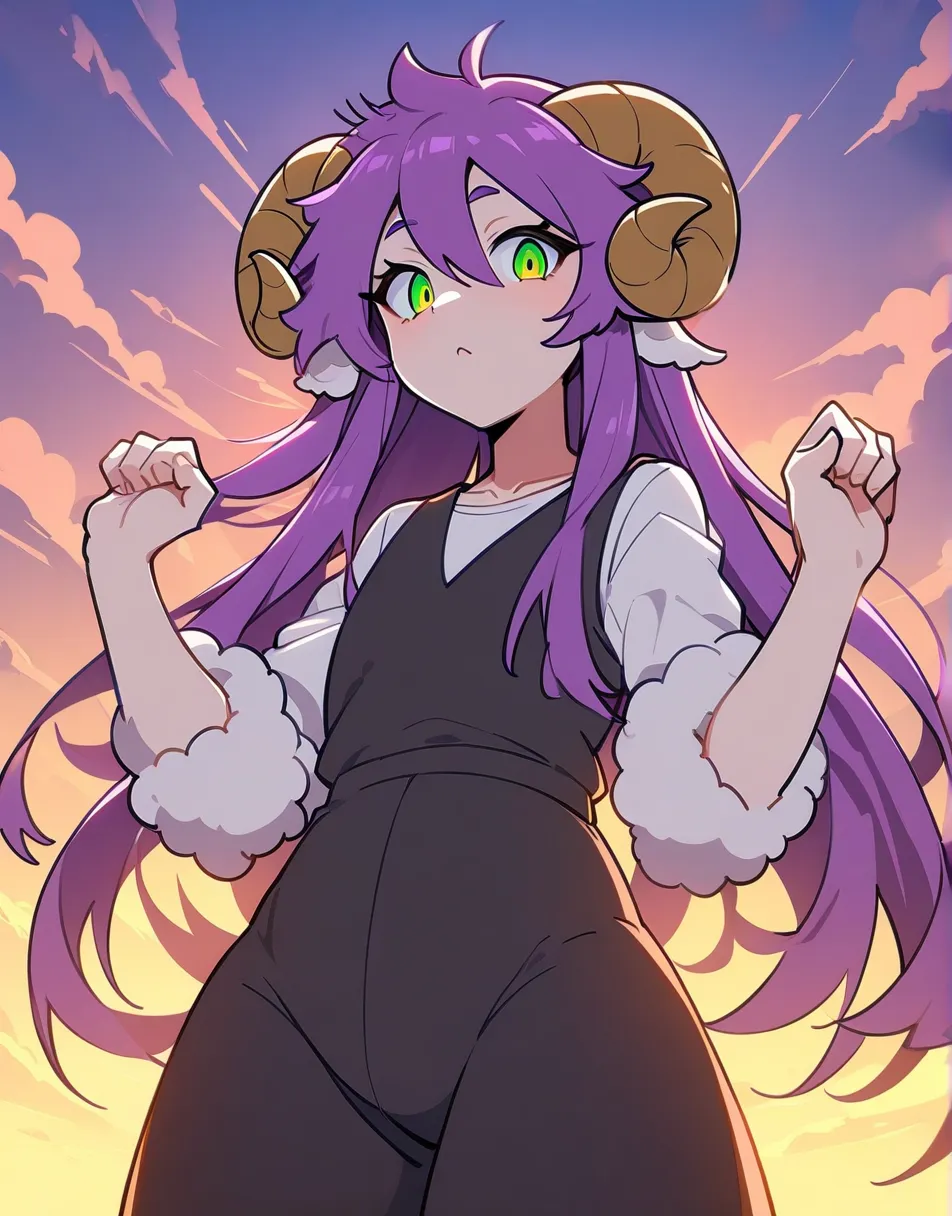 art from drawing red7cat, artist:рисунок red7cat, One,  Masterpiece , best quality, anthro,  fluffy wool, Anthropomorphic sheep boy ,  human face, sheep horns , fair skin , purple hair , green eyes ,  long hair hair hair  , disheveled hair , (19 years old)...