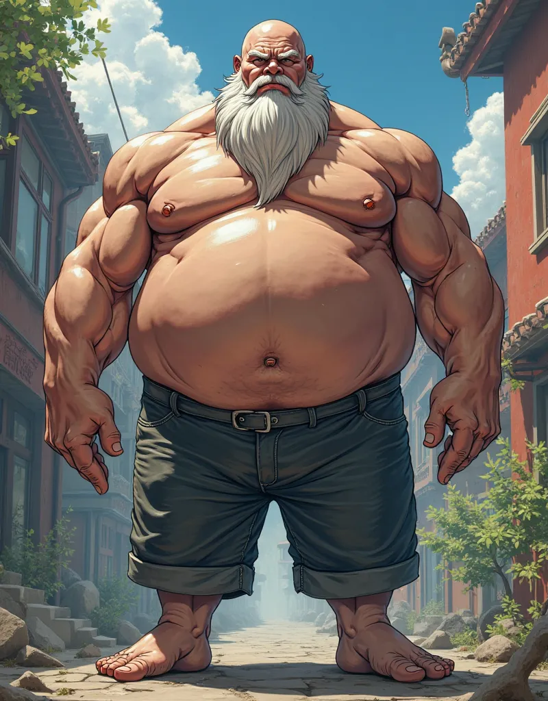 fat pot-bellied, Bald and long-bearded white bodybuilding, HD, anime,  super realistic 