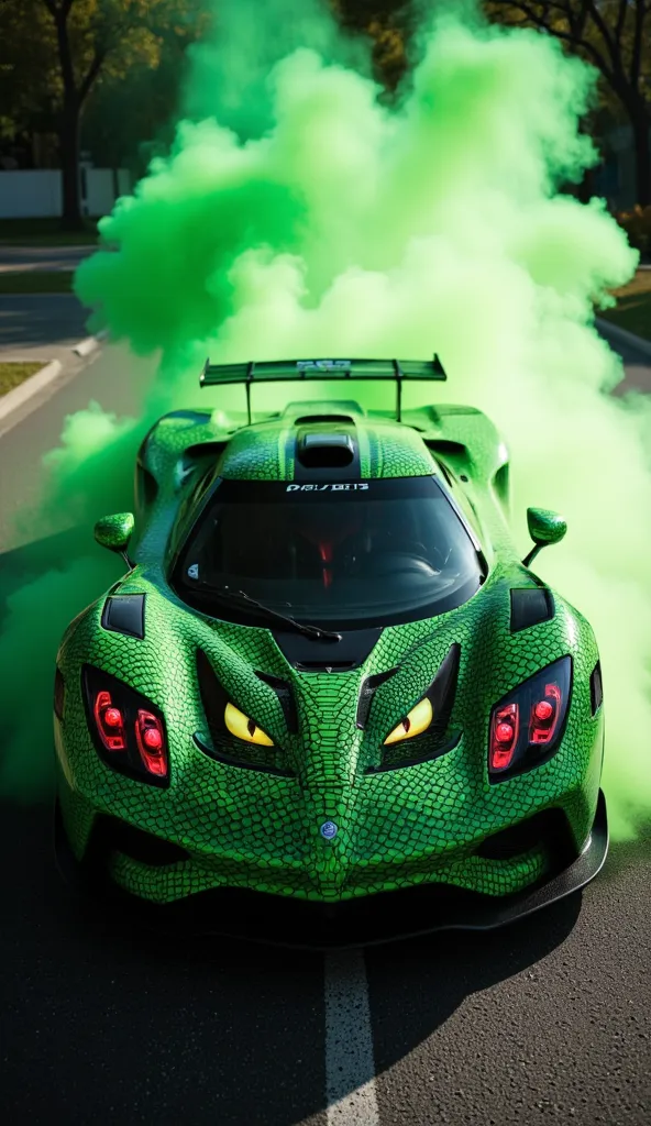 Side View of a Personalized Masseratti 2025 Super Sports Car. The car's exterior is personalized with a bold look, in the colors chameleon green,  with black details. Presenting a look of a reptile, with scales on the green part of the painting. Red headli...