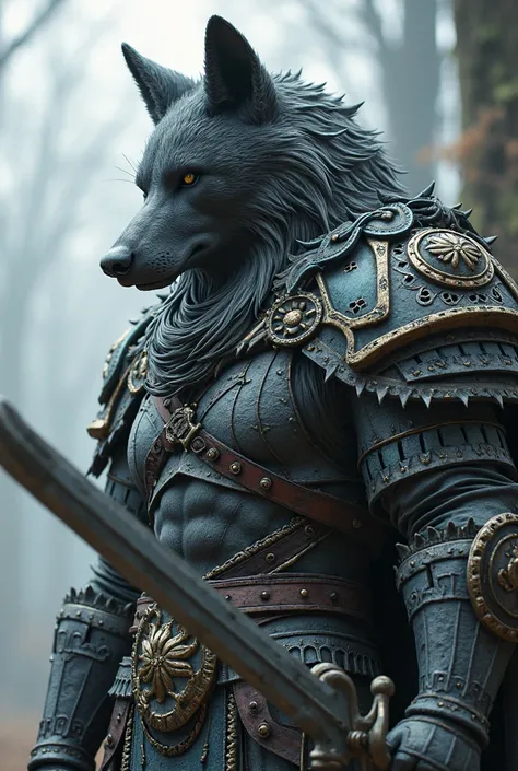 a close up of a statue of a man with a sword, wolf armor, fenrir, artorias, a minotaur wolf, an anthropomorphic wolf, from arknights, final fantasy artwork concept, wearing intricate fur armor, high fantasy concept art, great wolf, by Yang J, grim - wolf, ...