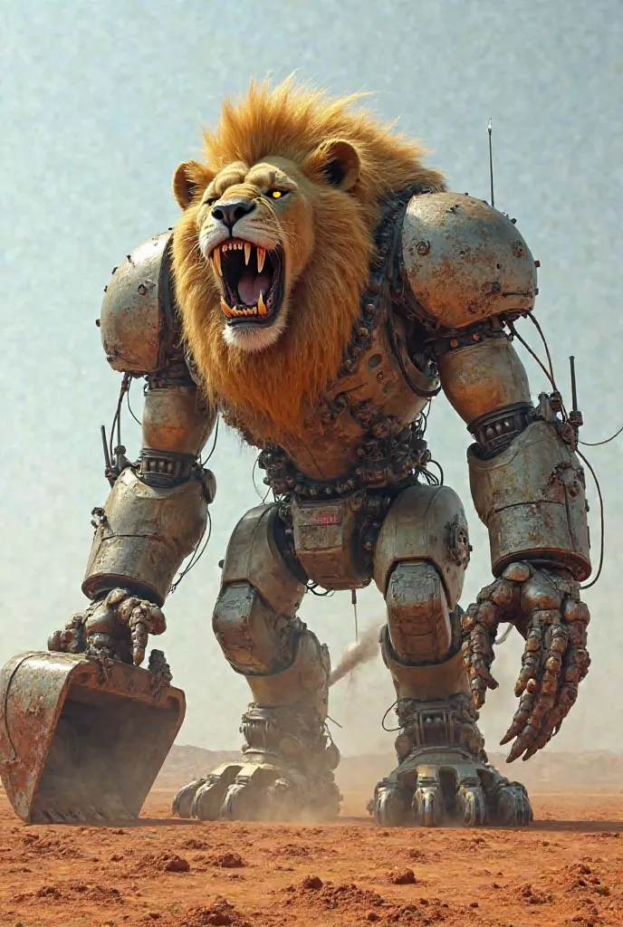 A terrifying, colossal hybrid creature stands in the middle of a desolate savanna, its massive form a horrifying fusion of organic and mechanical elements. Its body is an unnatural amalgamation of a powerful lion and a heavily-armored excavator, merging fl...