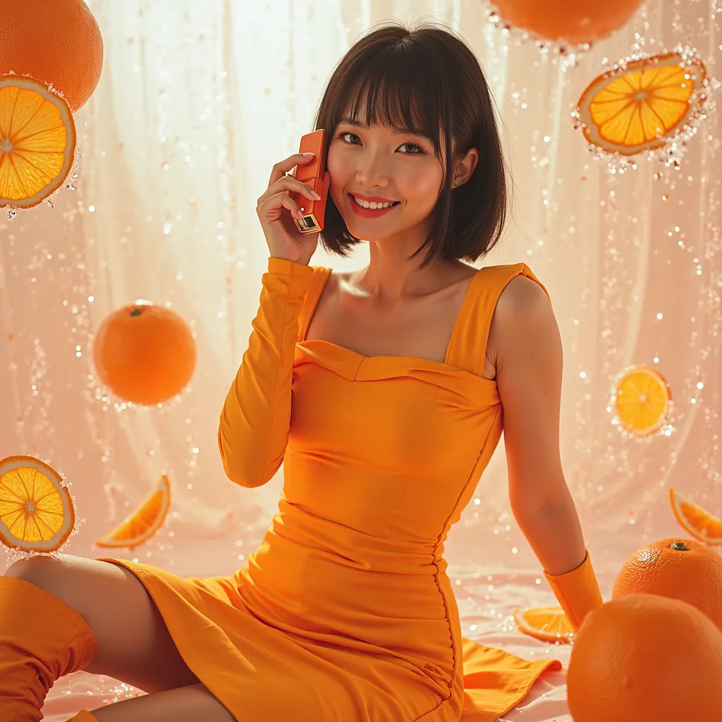 "A 19-year-old Korean K-pop idol named Kloe, with short black hair and bangs, posing for a music album cover. She wears a Y2K-inspired outfit — a form-fitting, yet playful dress and knee-high boots. Her expression is bright and carefree, with a genuine smi...