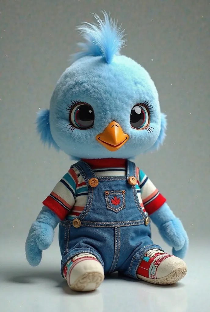 Little blue bird doll, cuddly blue wearing Chucky's clothes