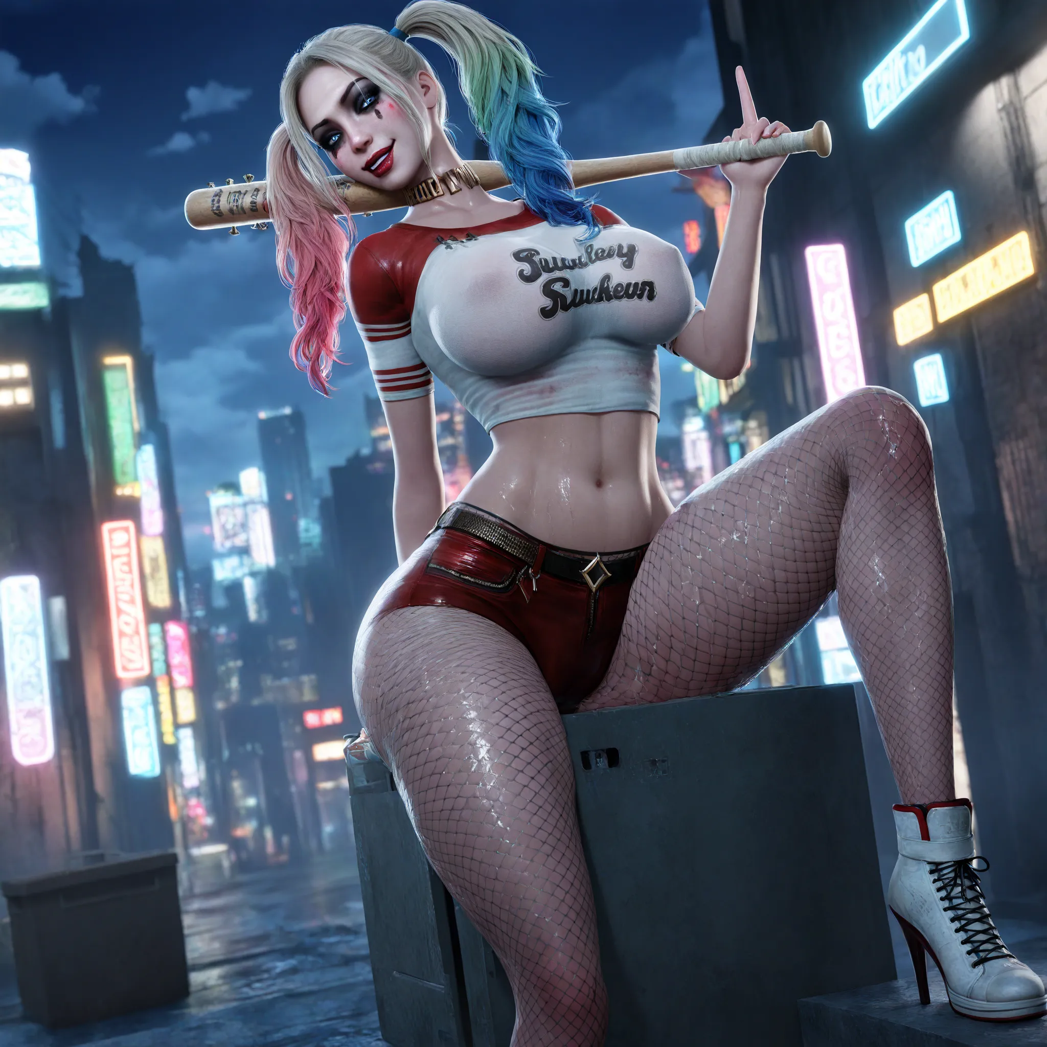 masterpiece, best quality, highres, (bloom:1.1), blurry, sidelighting, shadow, lighting, 3d, 
1girl, harley quinn, suicide squad, red lips, blue eyes, blonde hair, blue hair, green hair, long hair, pink hair, gradient hair, twintails, lipstick, thick lips,...