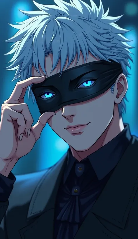 A highly detailed anime-style close-up portrait of a mysterious male character with spiky white hair and striking blue eyes. He is lifting his completely black, opaque blindfold with one hand, revealing only one of his glowing, piercing blue eyes. His gaze...