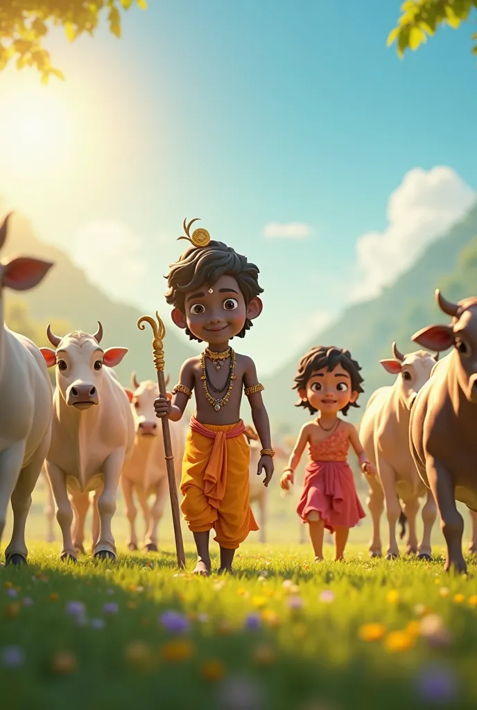 Generate in cinematic 3D cartoon style.At morning when sun is on top.Krishna and his cowherd friends walking with sticks in hand, guiding cows, with the golden sunlight illuminating them.