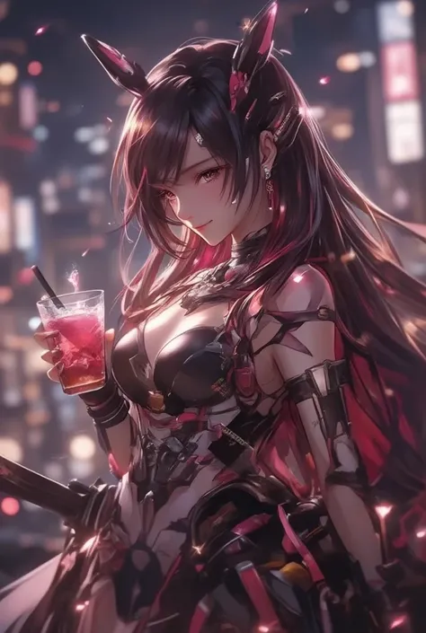  1 girl, long black hair, red inner color hair､  Big Breasts, dark eyes, smile,  Night city background,  earrings,  Look Down,  Japanese,realism, character portrait,  wearing a black dress and drinking a ,Crazy Eyes,  has a sword ,優しいsmile,