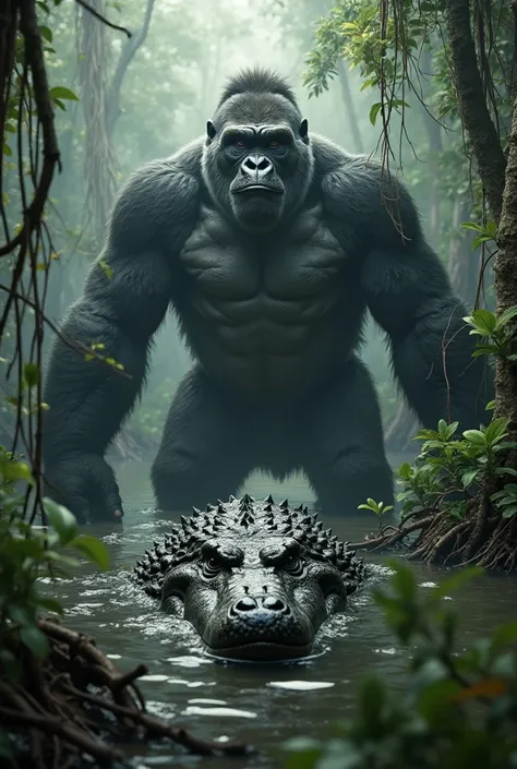 Deep in the misty swamps, a massive silverback gorilla pounds its chest, shaking the vines around it. In the murky water, a colossal crocodile emerges, scales gleaming like wet obsidian. The swamp air is thick with tension.