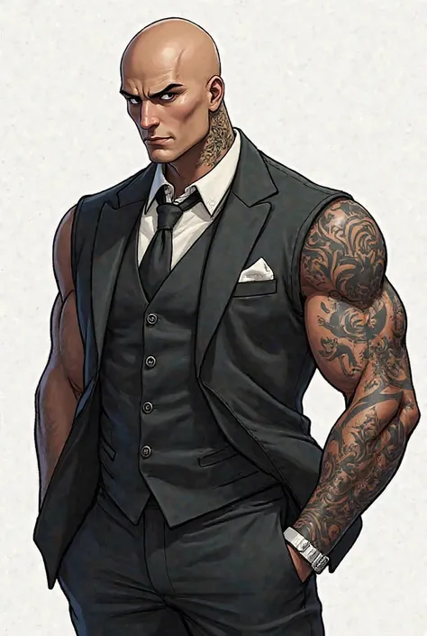 Draw the character of a man with a strong physique, bald and sharp features. He has a scorpion tattoo on his neck, a white wing tattoo on his right forearm and a black wing on his left forearm wearing a black suit