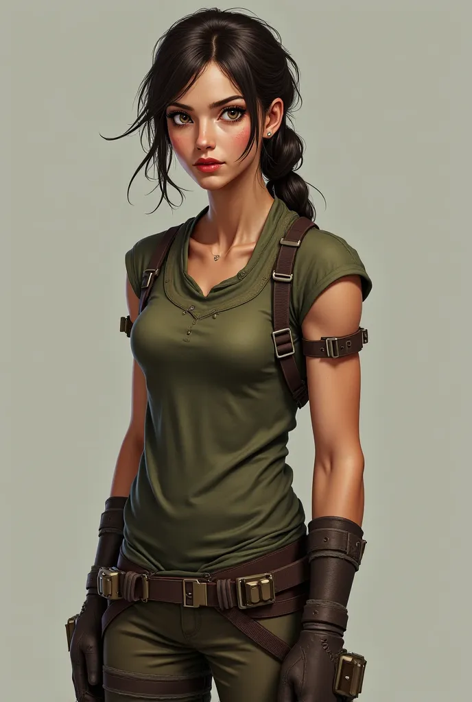 Post Apocalyptic. Appearance:
- **Height:** Approximately 5'4" (168 cm), with an athletic build that reflects her training and active lifestyle.
- **Hair:** Leela has long, dark brown hair that falls in loose waves down her back. She often ties it in a pra...