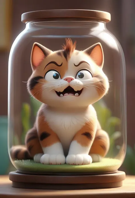 a little cat in big jar of glass, in 3d pixar style, cute chubby kitten, sitting inside large transparent glass container, photorealistic, 3d render, studio lighting, rim lighting, intricate details, soft focus, shallow depth of field, warm color palette, ...