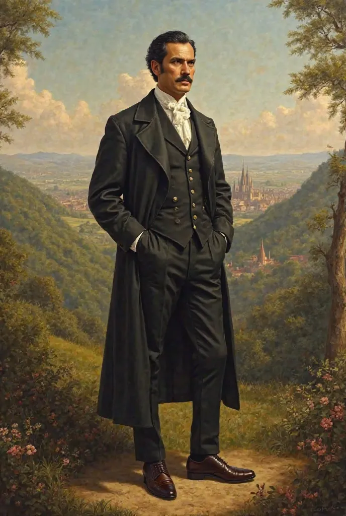 A portrait of José Rizal during his time in Europe in a landscape 