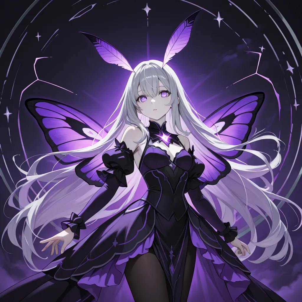 Anime-style illustration of Luna, a mysterious Dream Guardian character who can transform between plush toy and humanoid form. In humanoid form: elegant age girl with silver-purple eyes, pale skin, and long flowing silver-gray hair with subtle purple highl...