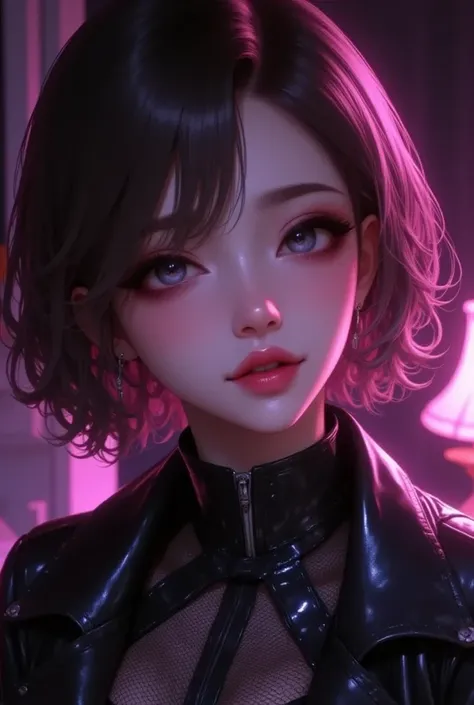 a close up of a woman in a black jacket,standing ilya kuvshinov with short black hair,detailed, flux,almon eyes, hooded eyes, grey eyes,without bangs,flux art