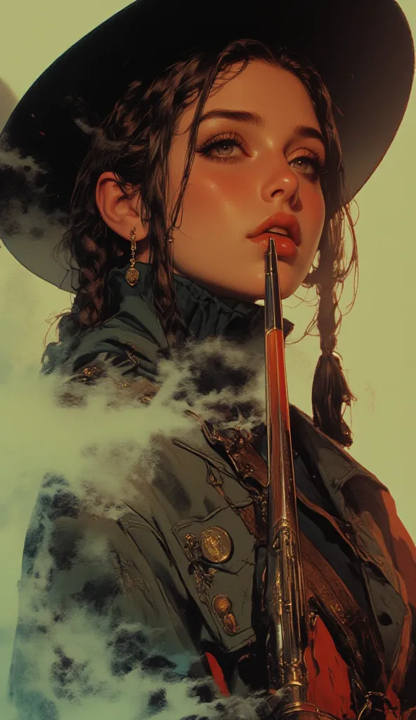 high school girl, intense expression that radiates deep wisdom and mystery, Misty,  dreamy background 、 cowboy style、Wear a deep cowboy bat、 Gold、braids、Kiss the shotgun、