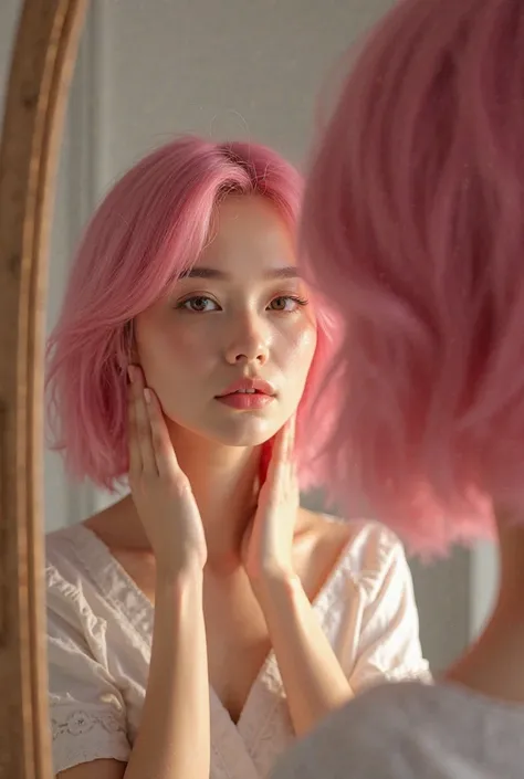 A 20-year-old with short pink hair in front of the mirror putting on realistic makeup