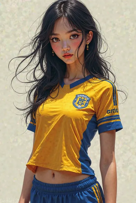 Generate digital art-style images of a girl with Asian features,  long disheveled black hair,  golden eyes, sexy pose, wearing a gold and blue soccer jersey